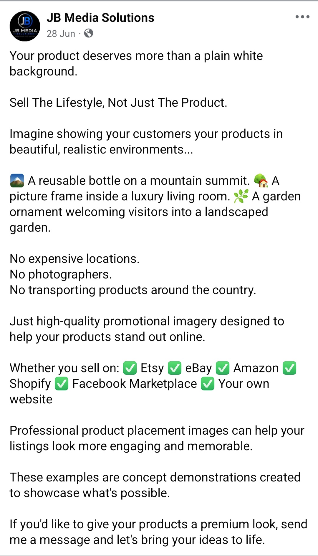 JB Media Solutions Facebook post about product placement