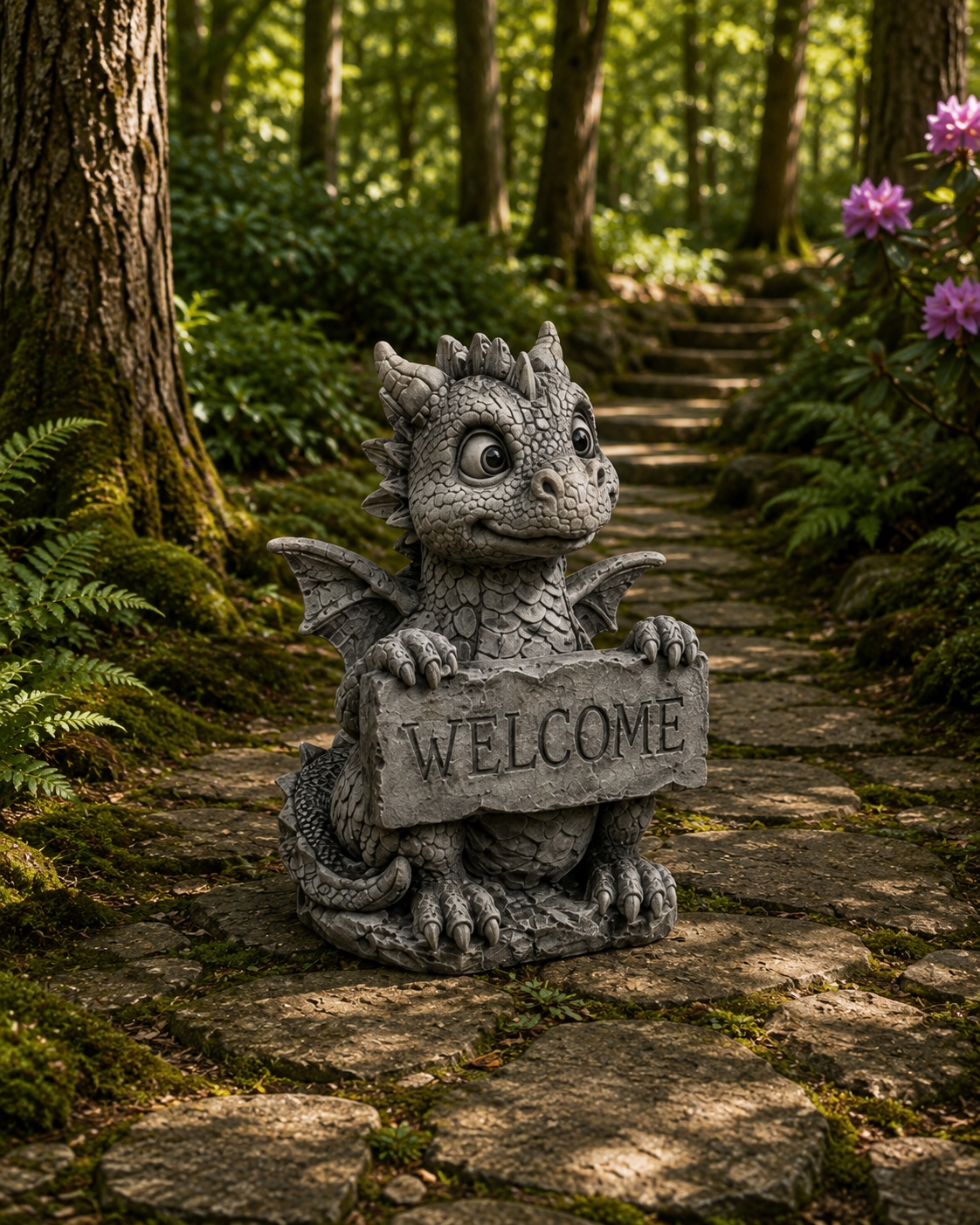 Dragon welcome ornament staged on a mossy forest path