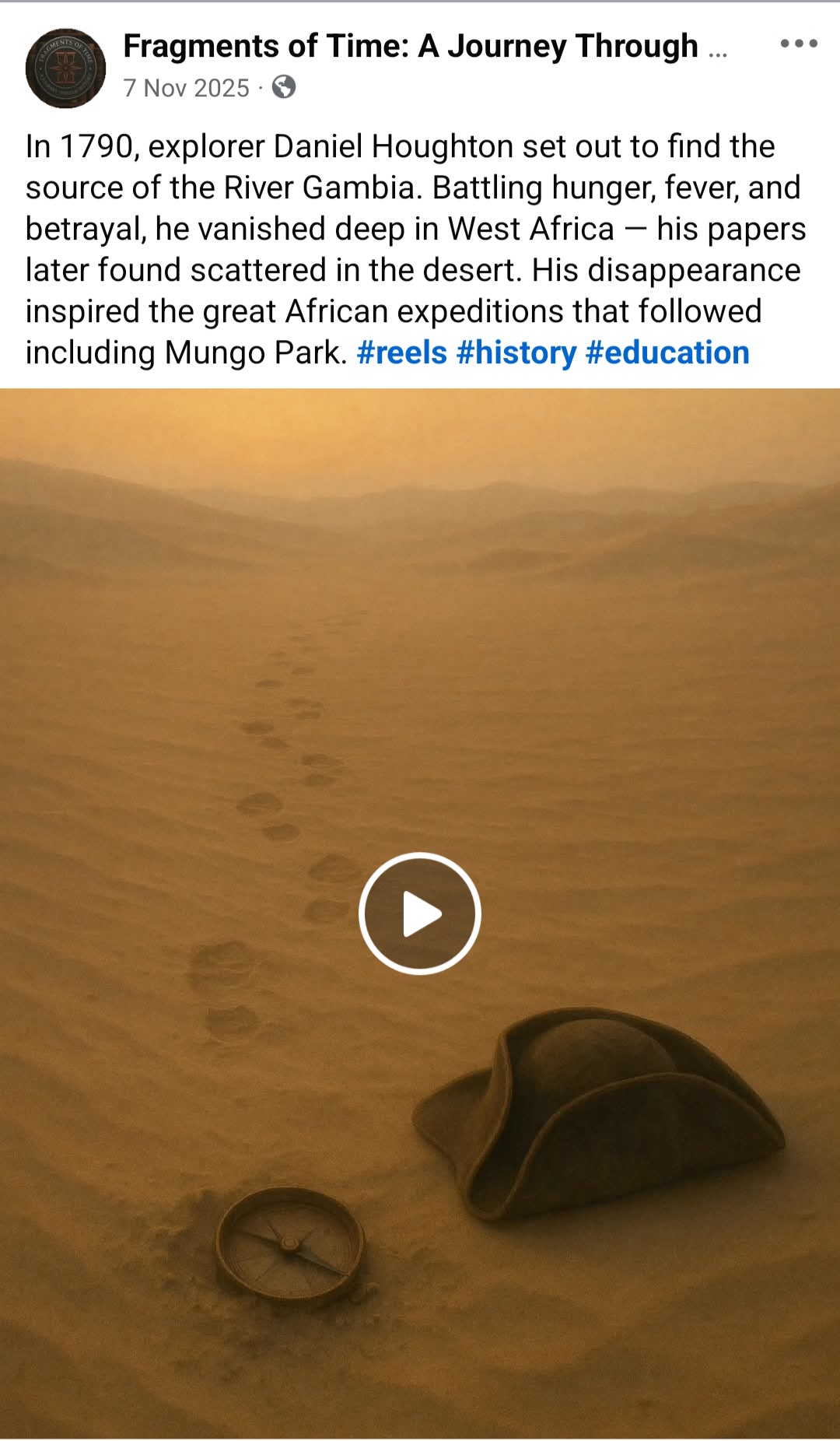 Facebook post about explorer Daniel Houghton