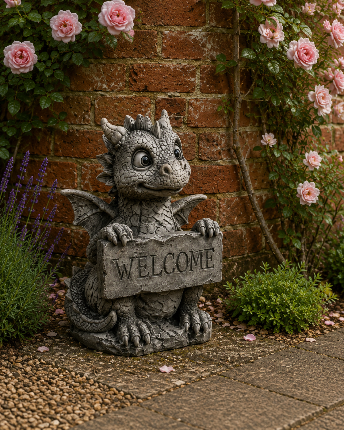 Dragon garden ornament staged against a brick wall with pink roses