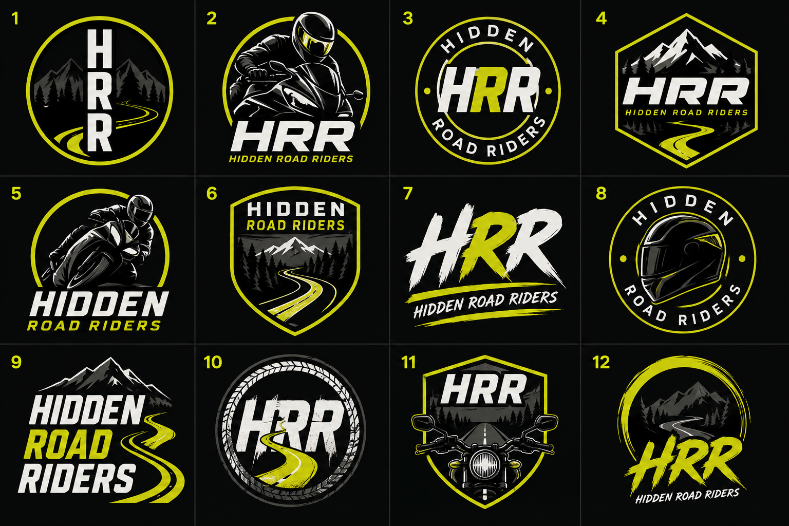 Motorcycle brand logo concept sheet with multiple neon-accented variations