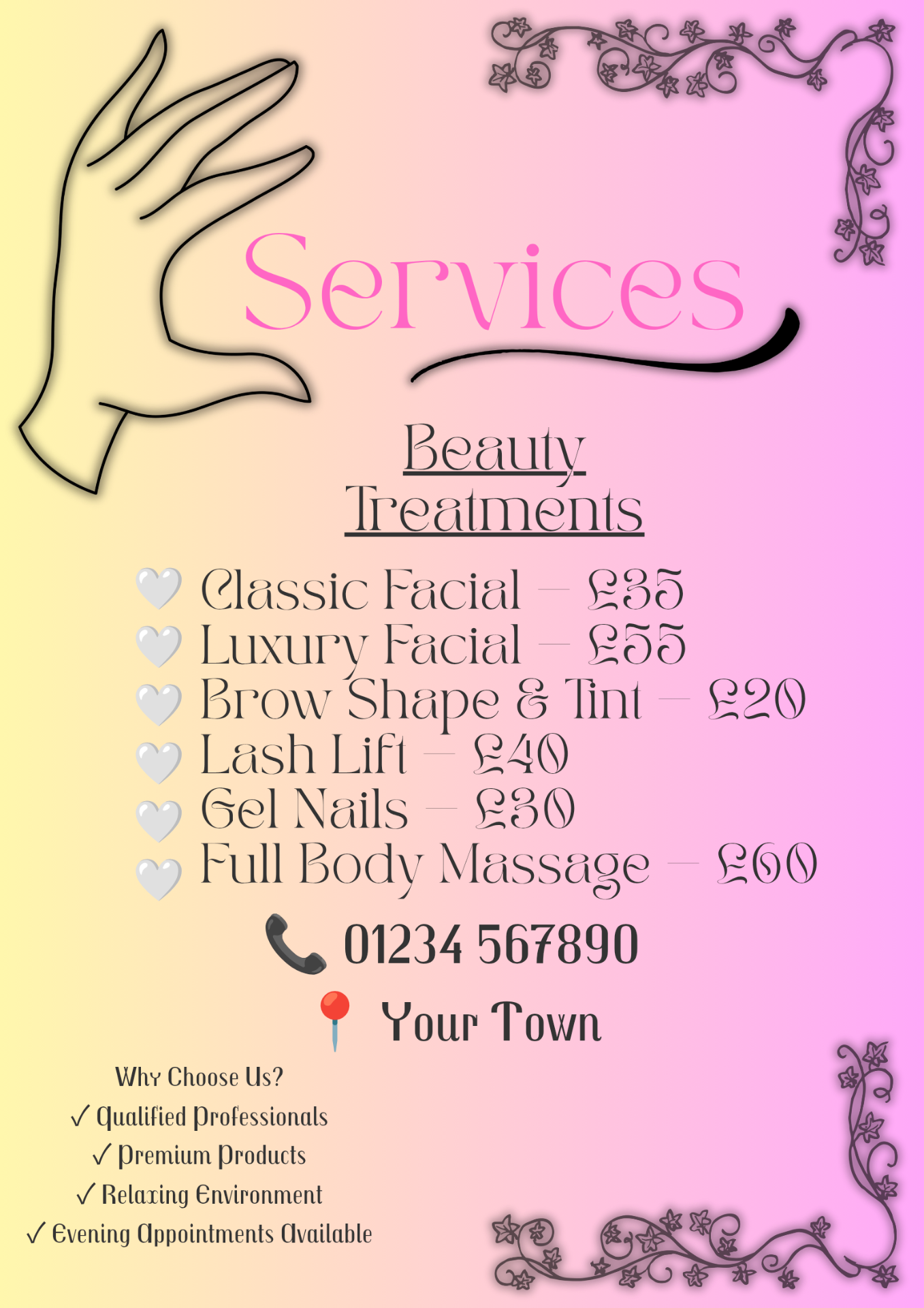 Pink beauty services price list design