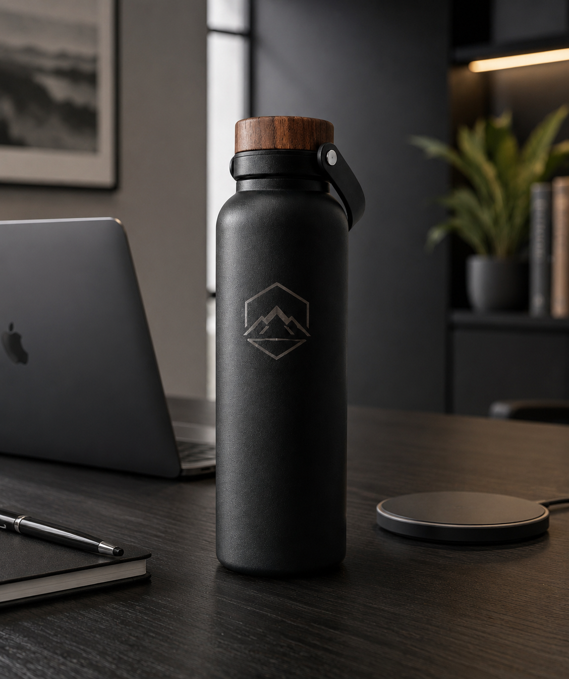 Black insulated bottle staged on a modern dark office desk
