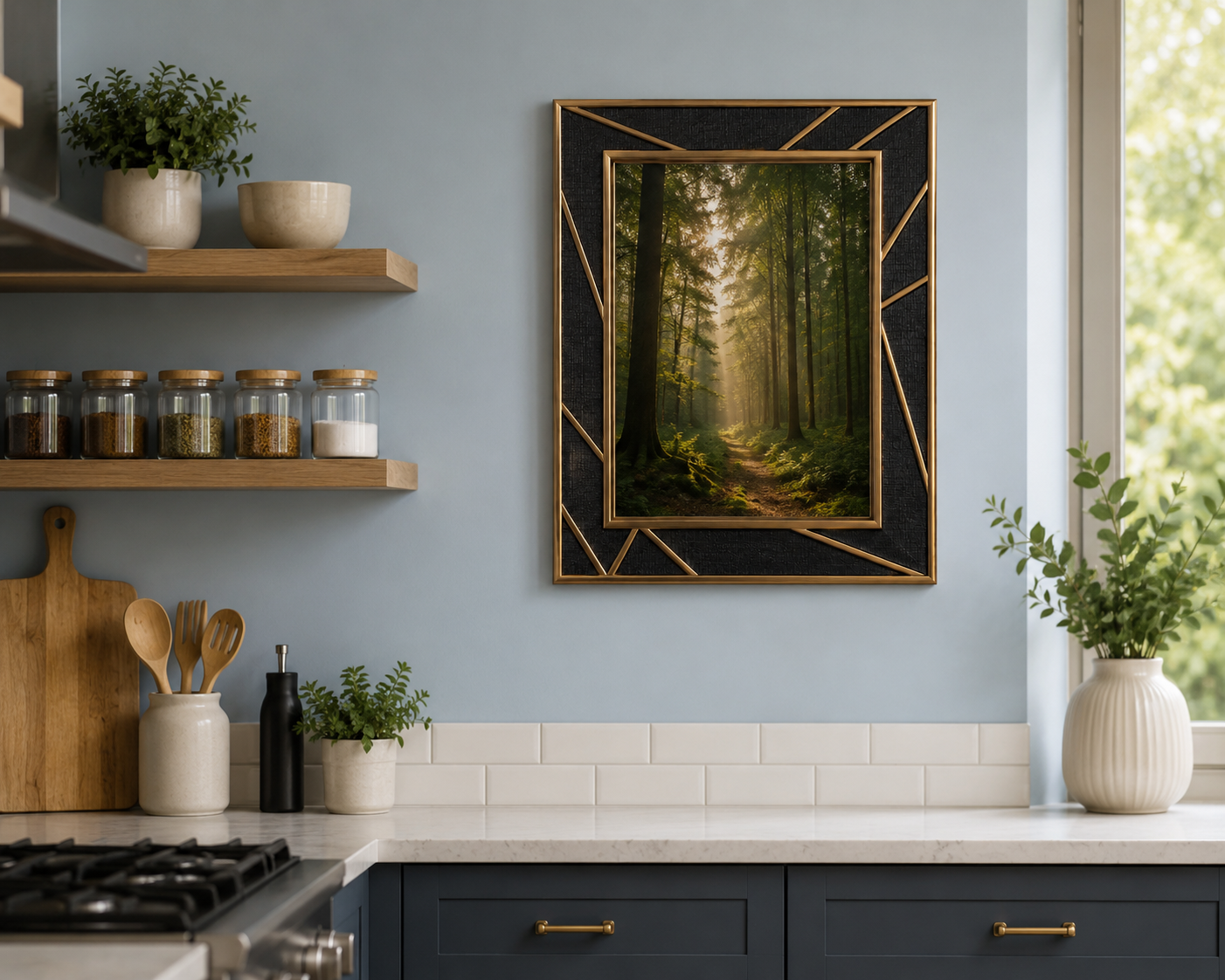 Premium framed forest artwork displayed above a kitchen counter