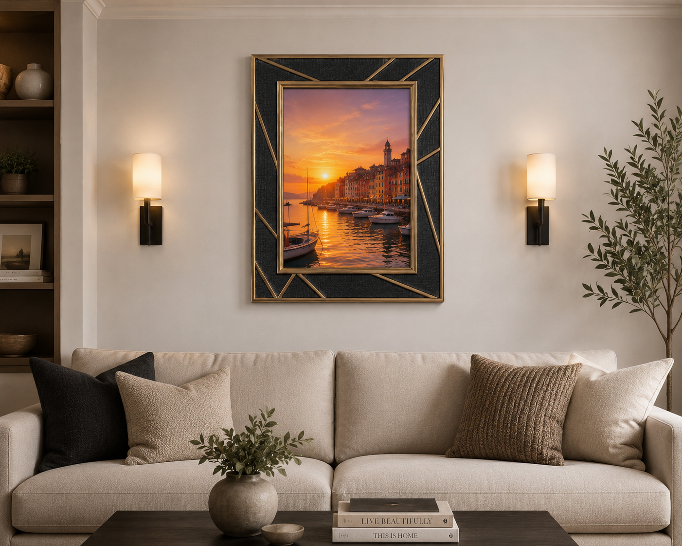 Premium framed sunset artwork displayed above a lounge sofa