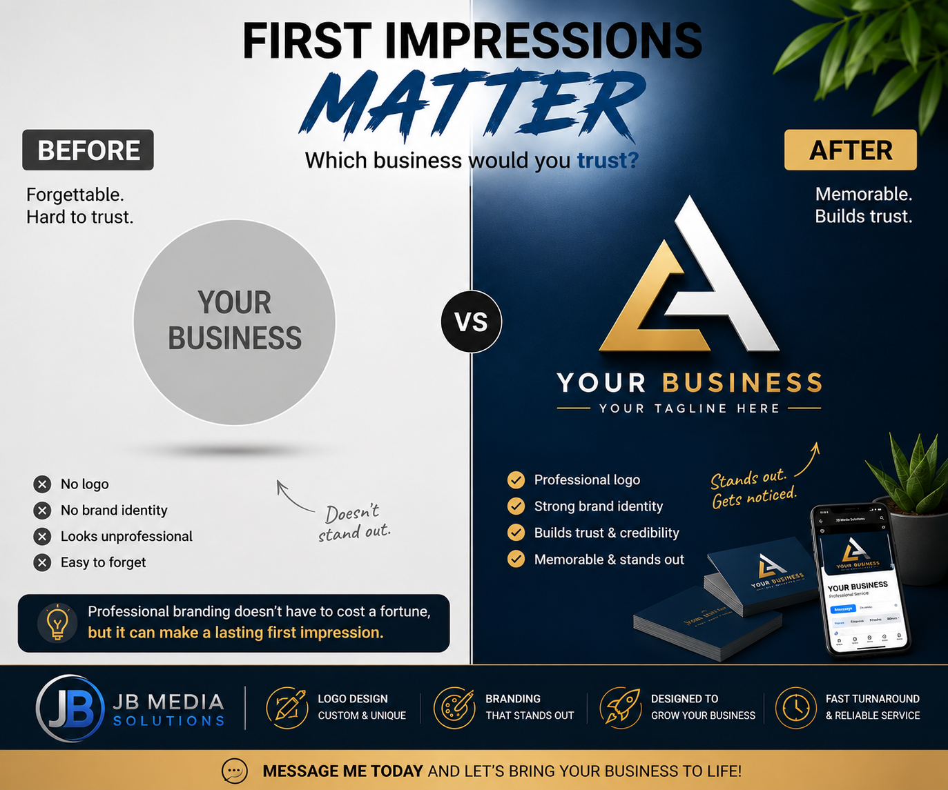 Before-and-after branding campaign graphic for JB Media Solutions