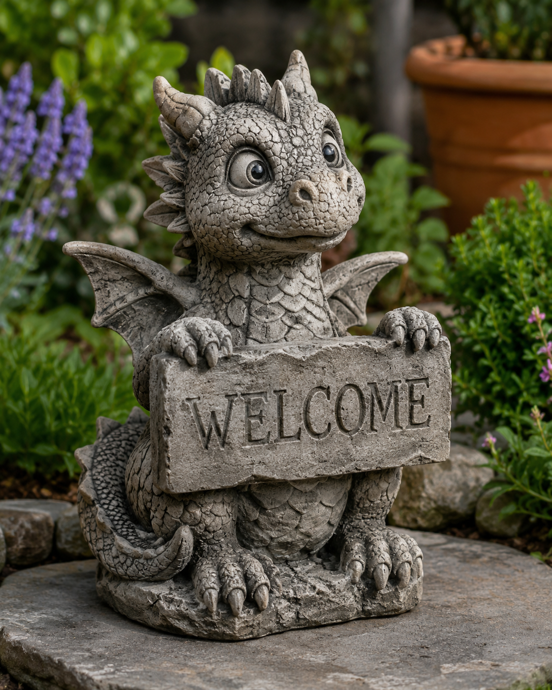 Mythic Garden stone dragon welcome statue in a lush exterior setting