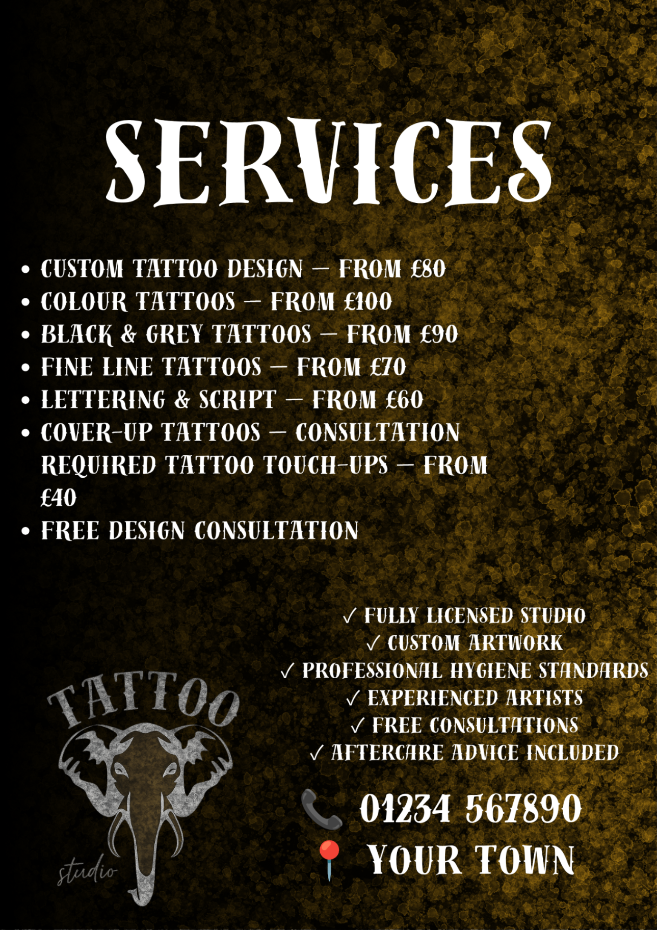 Dark tattoo services price list design